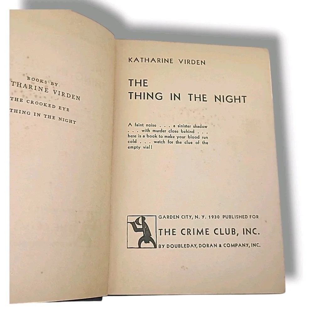 The Thing In The Night Katherine Virden 1930 HC First Edition The Crime Club Inc